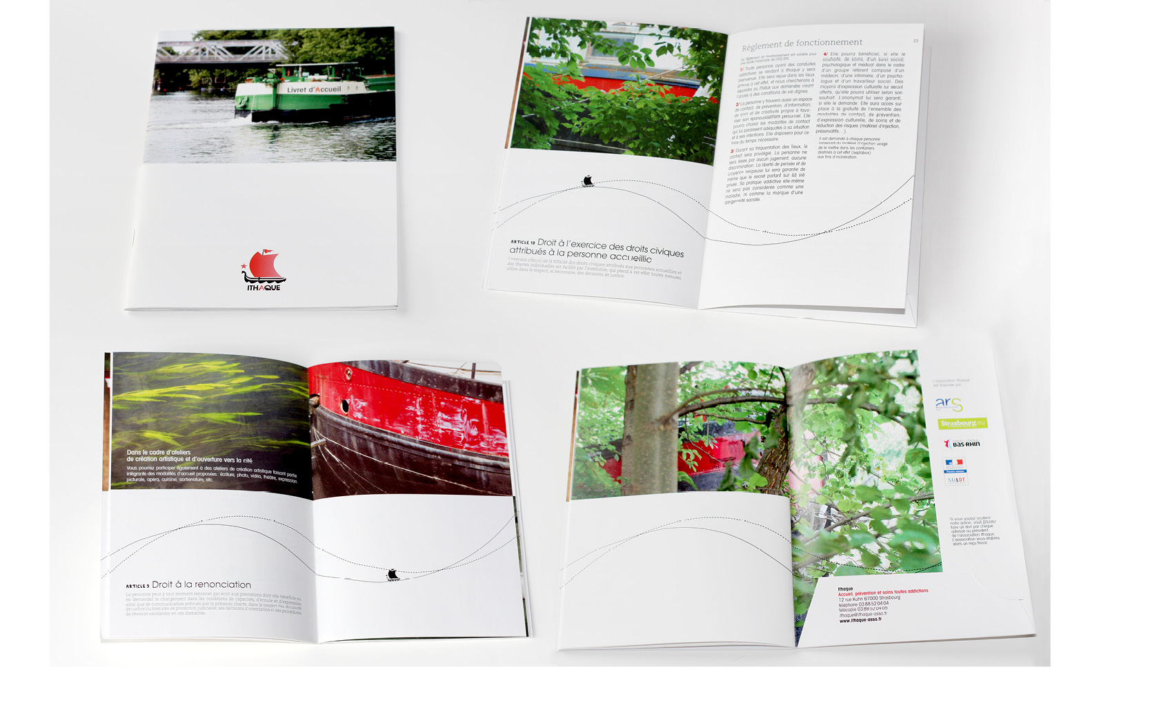 Graphisme et mise en pages du Livret d'accueil pour Ithaque, 2012.