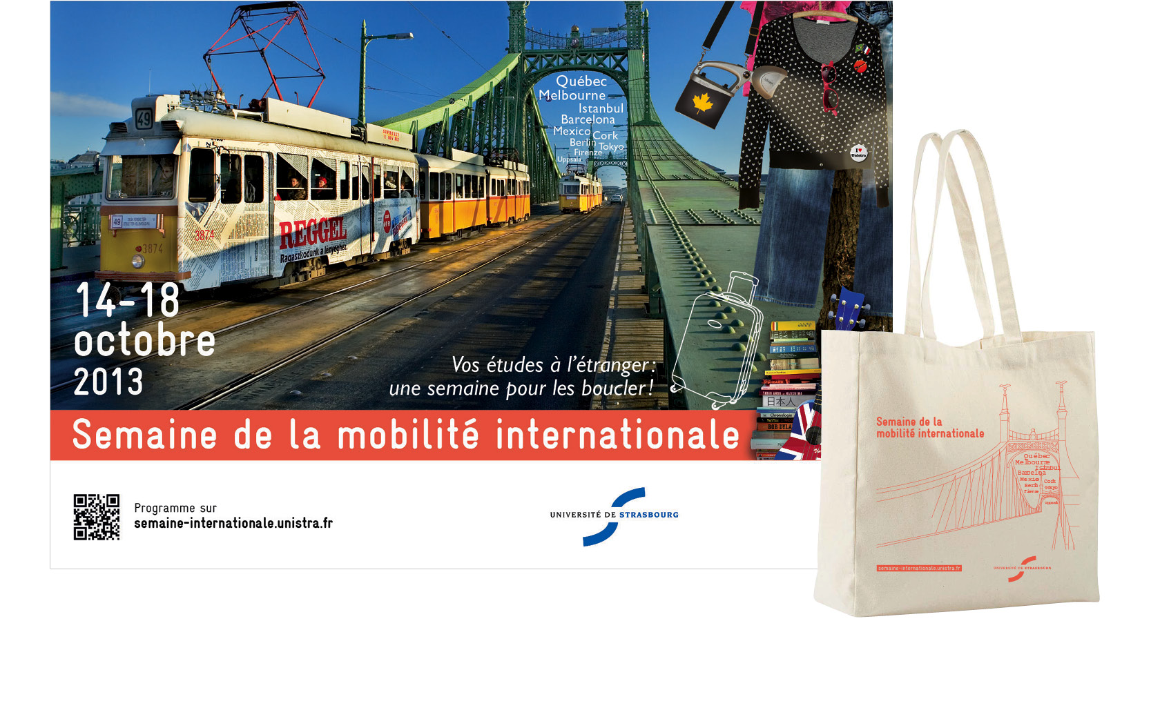 Mise en pages et graphisme de l'affiche et sac, mobilité interantionale, Unistra 2013