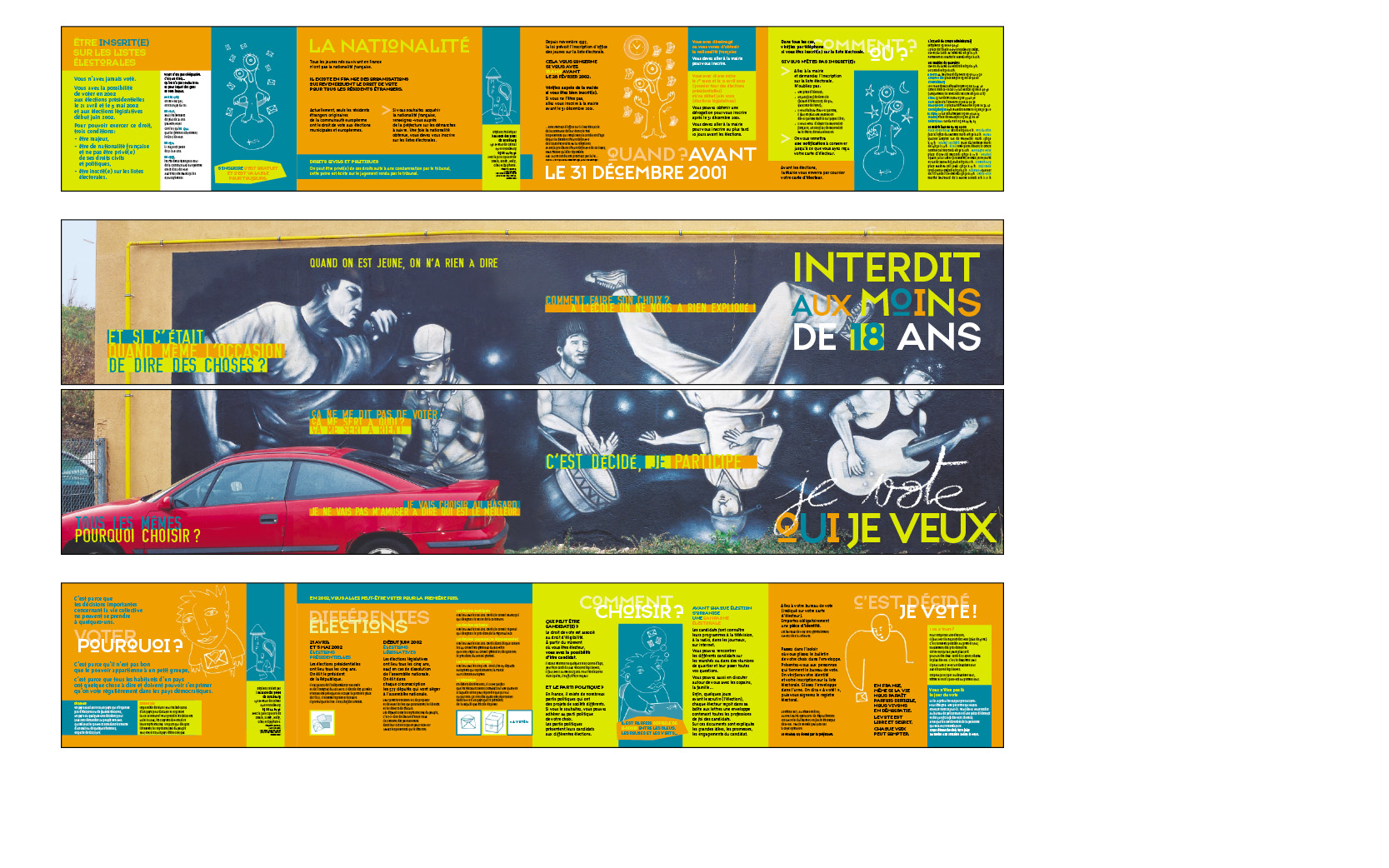 Dépliants Je m’inscris et Je vote, pour inciter à s’inscrire sur les listes électorales, Maison des potes, 2001.